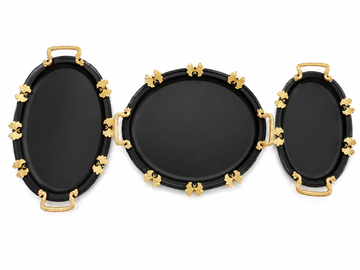 3-Piece Black & Gold Decorative Serving Tray Set