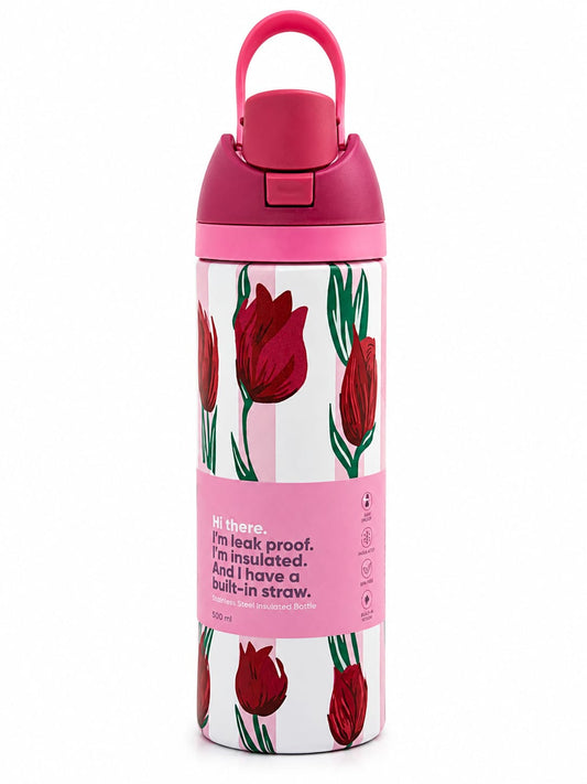500ml Insulated Stainless Steel Water Bottle with Built-In Straw – Floral Design