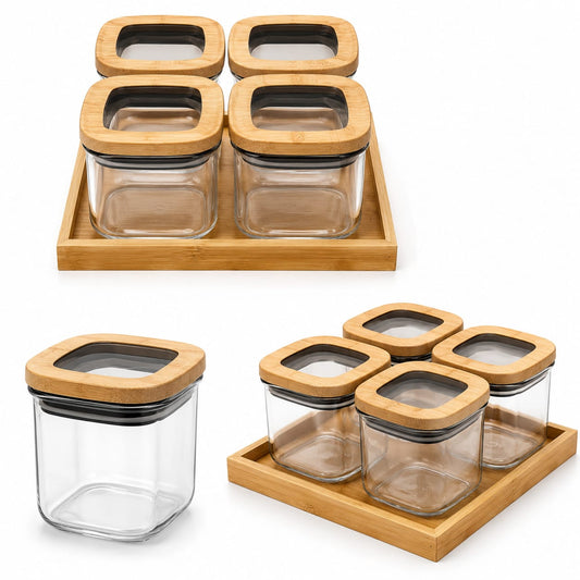 Glass Spice Jar Set with Bamboo Lids | 4 Piece Kitchen Set